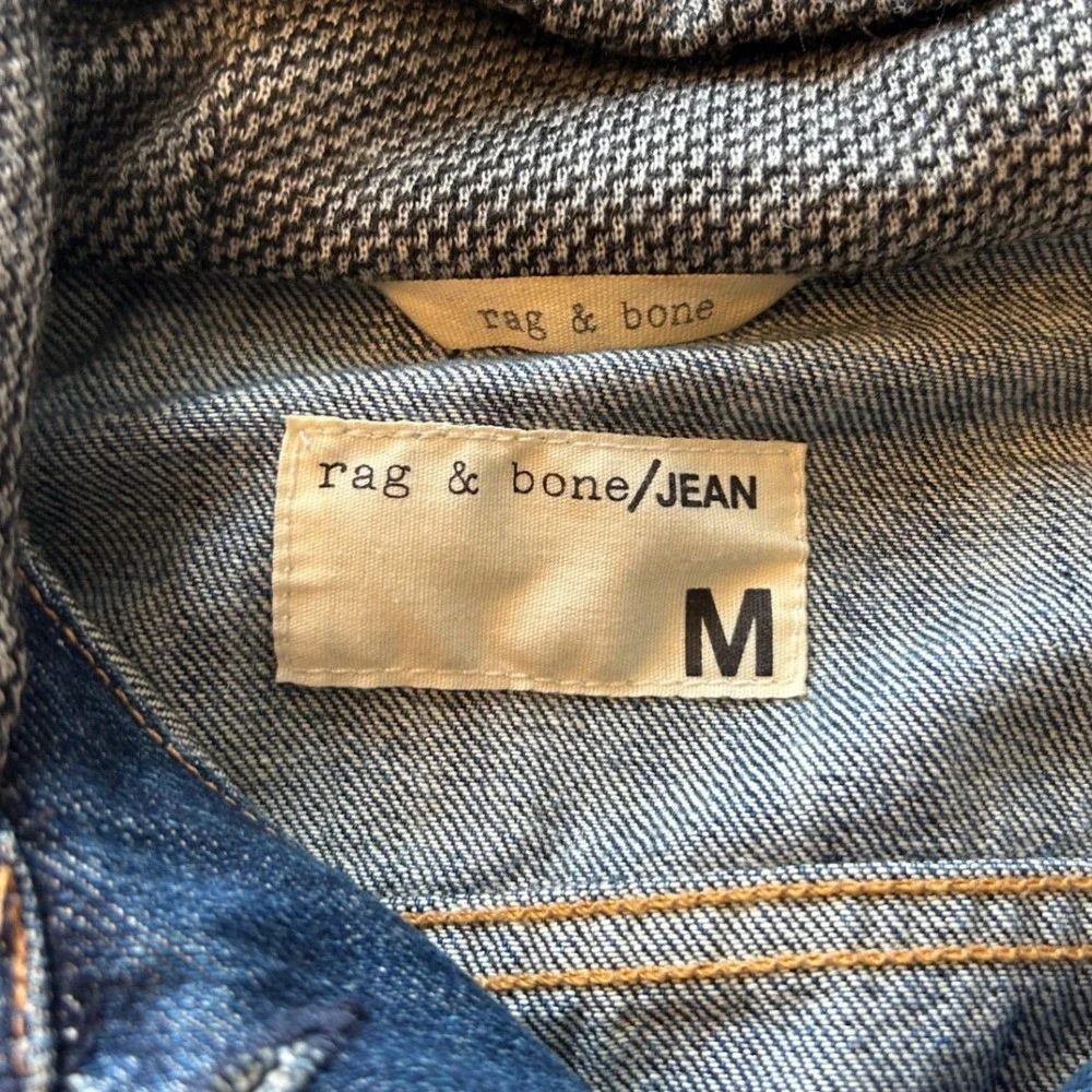 Rag & Bone JEAN Mixed Media Hooded Denim Jacket Blue Gray Knit Sleeve Womens M